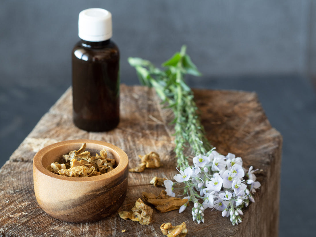 rustic wooden stump with amber bottle and bowl of propolis pieces, natural remedies display